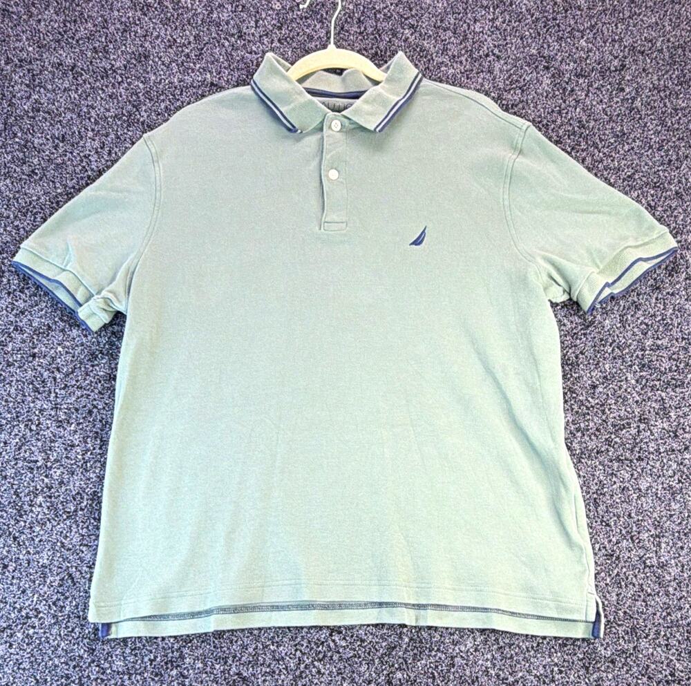 Nautica Polo Shirt Men's L Green Short Sleeve Collared Solid Logo Button Knit
